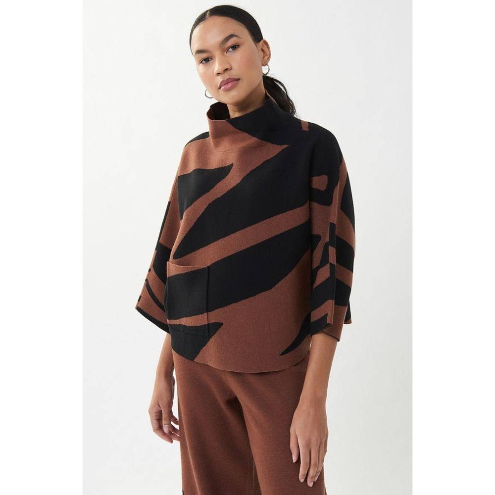 Joseph Ribkoff Sweater Womens Medium Cognac Black Abstract Mock Neck 223933
